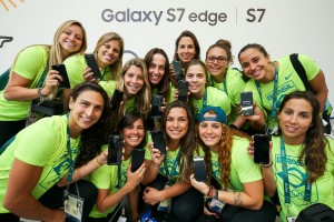 RIO DE JANEIRO, BRAZIL - AUGUST 03:  The Brazilian women's water polo team receive their Samsung Galaxy S7 edge Olympic Games Limited Edition at the Samsung Galaxy Studio in the 2016 Olympic Village on August 3, 2016 in Rio de Janiero, Brazil.  (Photo by Hagen Hopkins/Getty Images)